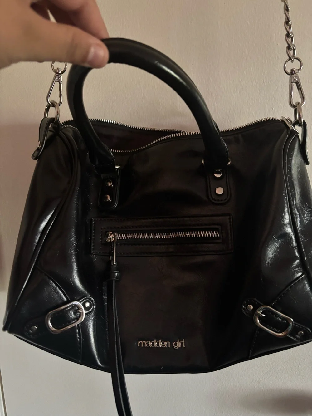 Madden Girl Black Shiny Satchel with Chain Strap